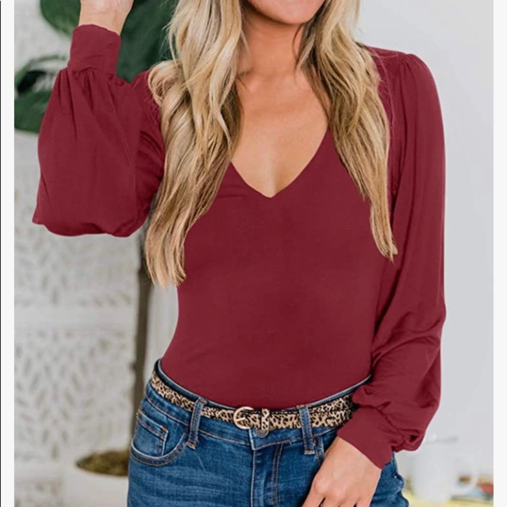 Burgundy puffed Sleeves Sweater Bodysuit